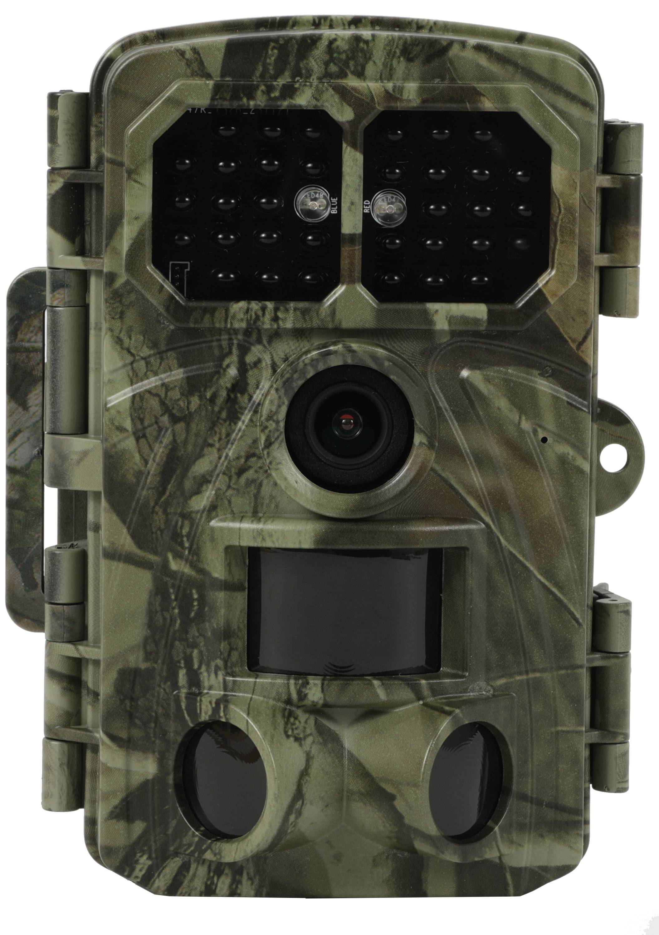 Eine Wildkamera mit Tarnmuster, LED-Leuchten und Objektiv, konzipiert zur Überwachung von Wildtieren.