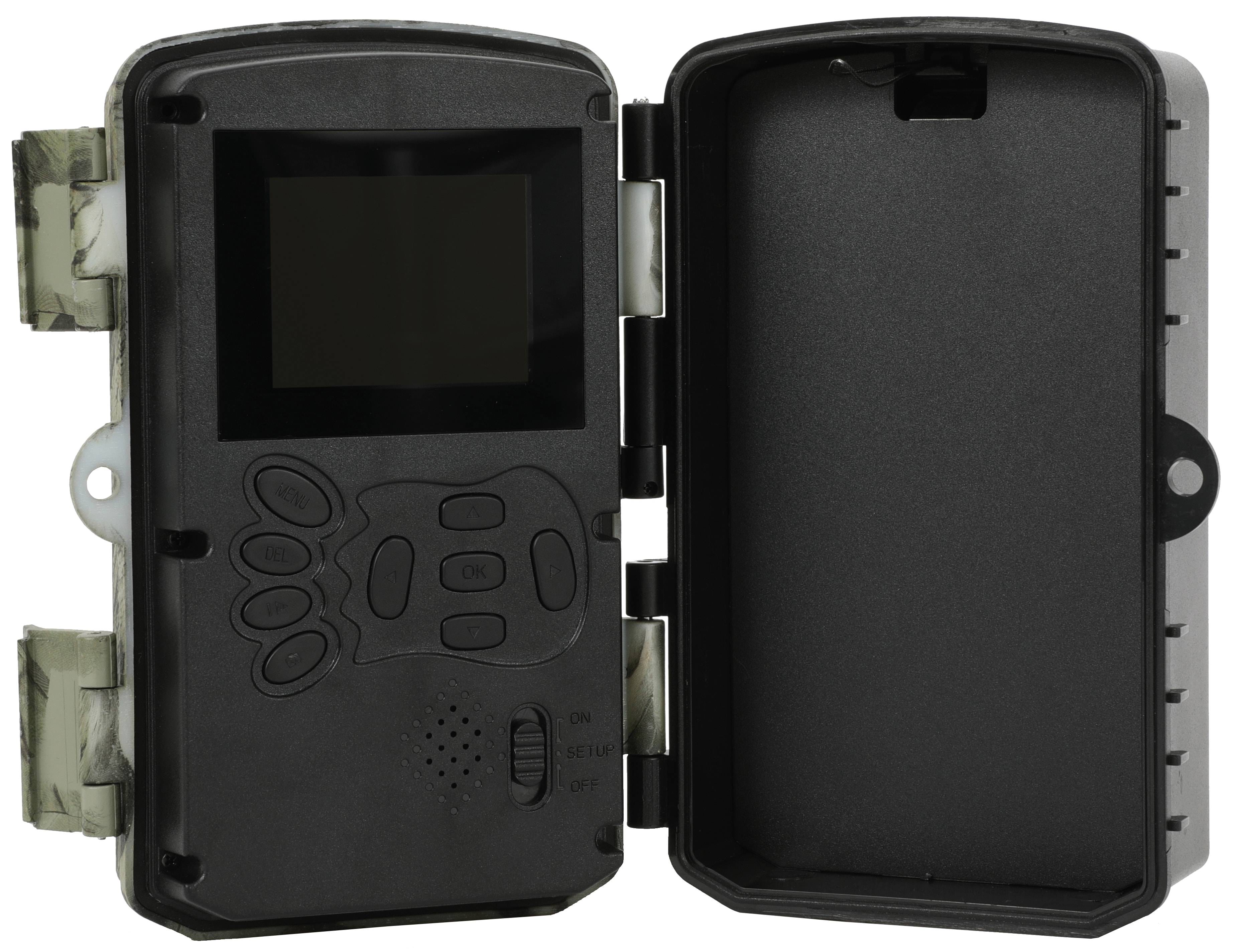 Offene schwarze rechteckige Wildtierkamera mit Tasten und Bildschirm auf der linken Seite, leeres Batteriefach auf der rechten Seite.