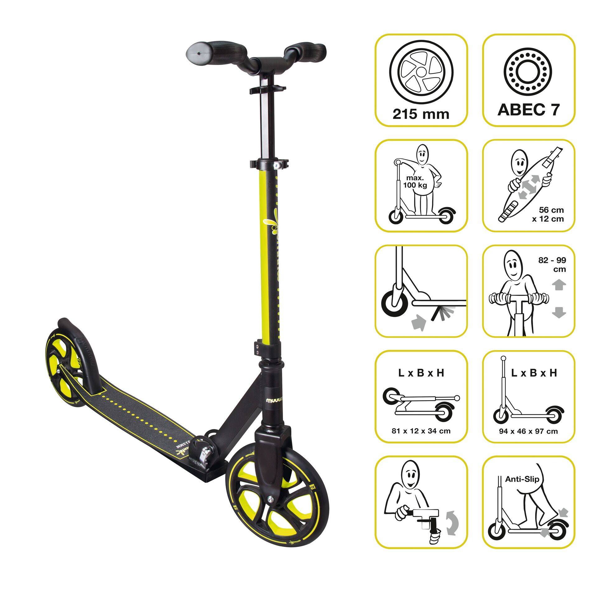 muuwmi Aluminium Scooter Pro – Tretroller, 215 mm, ABEC 7, für Kinder und Erwachsene, , höhenverstellbar, lime