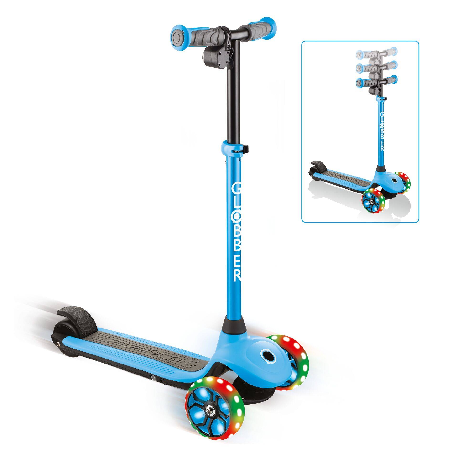 GLOBBER ONE K E-MOTION 4 PLUS – E-Scooter, Lithium-Batterie, 80 W Motor, 125/90 mm, 3-rädrig, LED-Rollen, hellblau