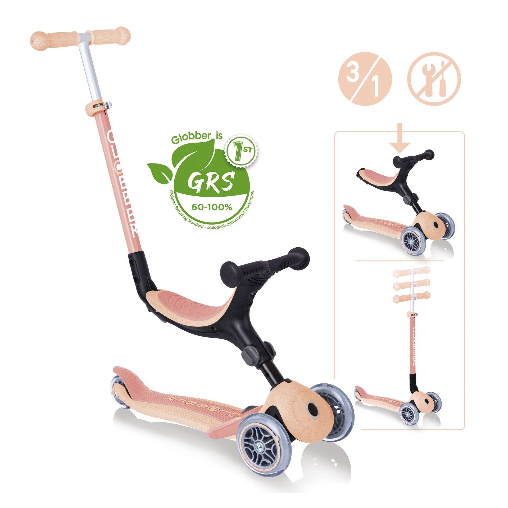 GLOBBER GO-UP FOLDABLE PLUS ECO – 3 in 1 Dreirad, Laufrad und Scooter, 120/80 mm, 3-rädrig, höhenverstellbar, apricot