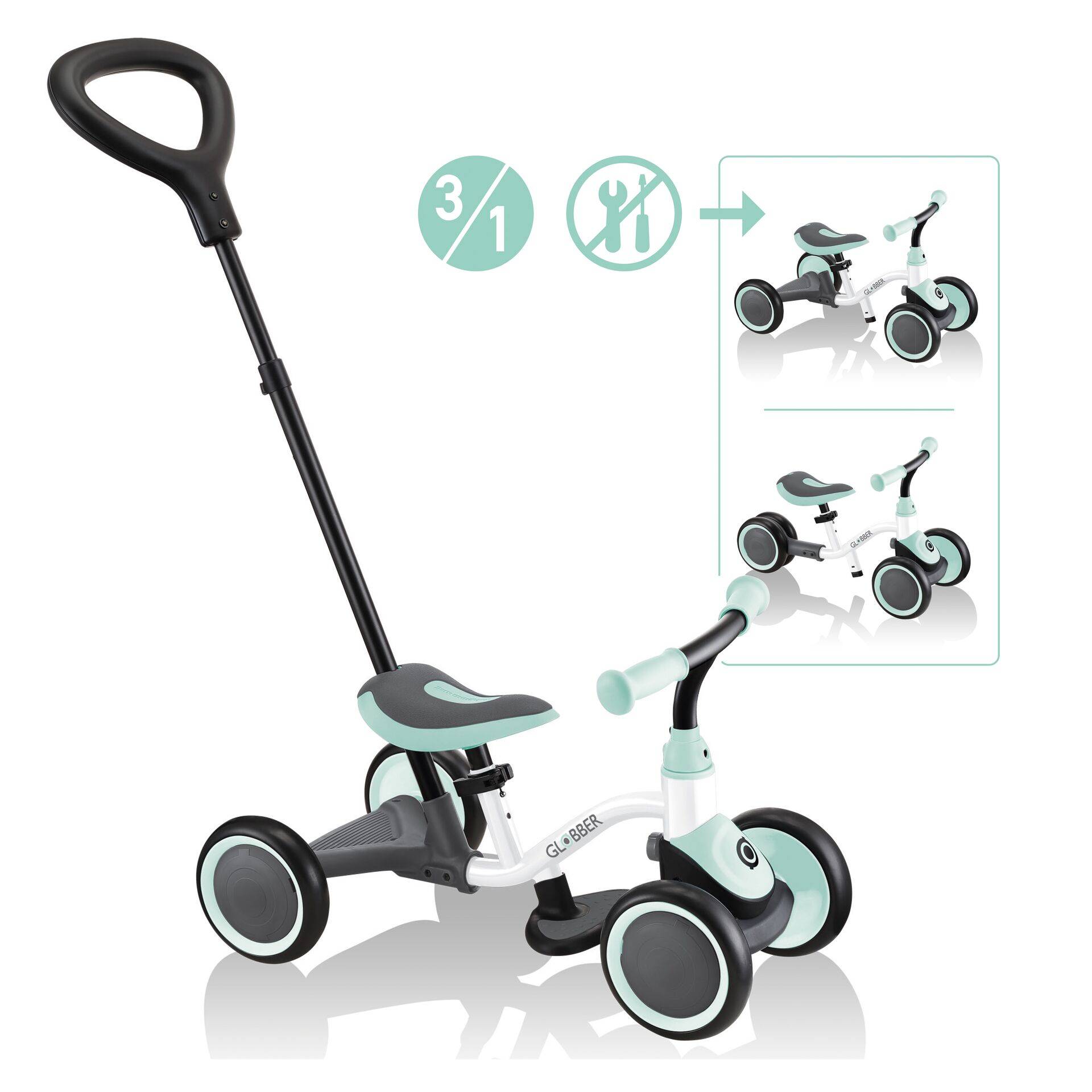 GLOBBER LEARNING BIKE 3in1– 3 in 1 Aufsitzrad, Lernrad und Laufrad, 6 Zoll EVA-Bereifung, 4-rädrig, weiß-mint