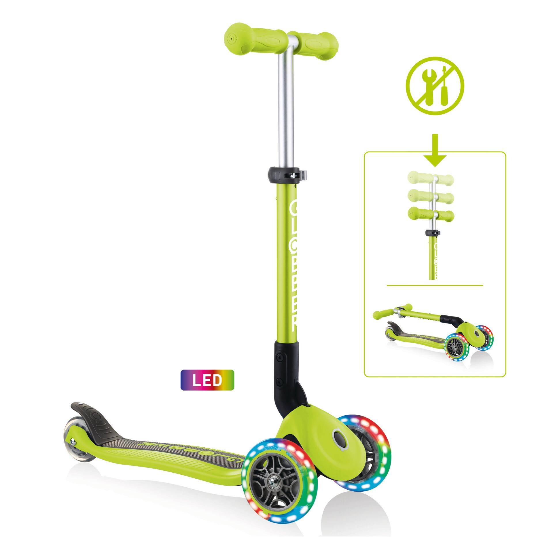 GLOBBER JUNIOR FOLDABLE LIGHTS – Tretroller, 120/80 mm, ABEC 5, 3-rädrig, LED-Leuchtrollen, lime grün
