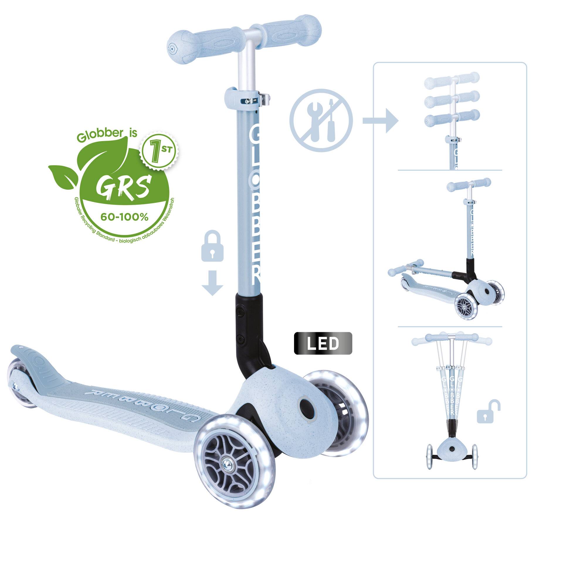 GLOBBER JUNIOR FOLDABLE LIGHTS ECO – Tretroller, 120/80 mm, ABEC 5, 3-rädrig, LED-Leuchtrollen, blaubeere