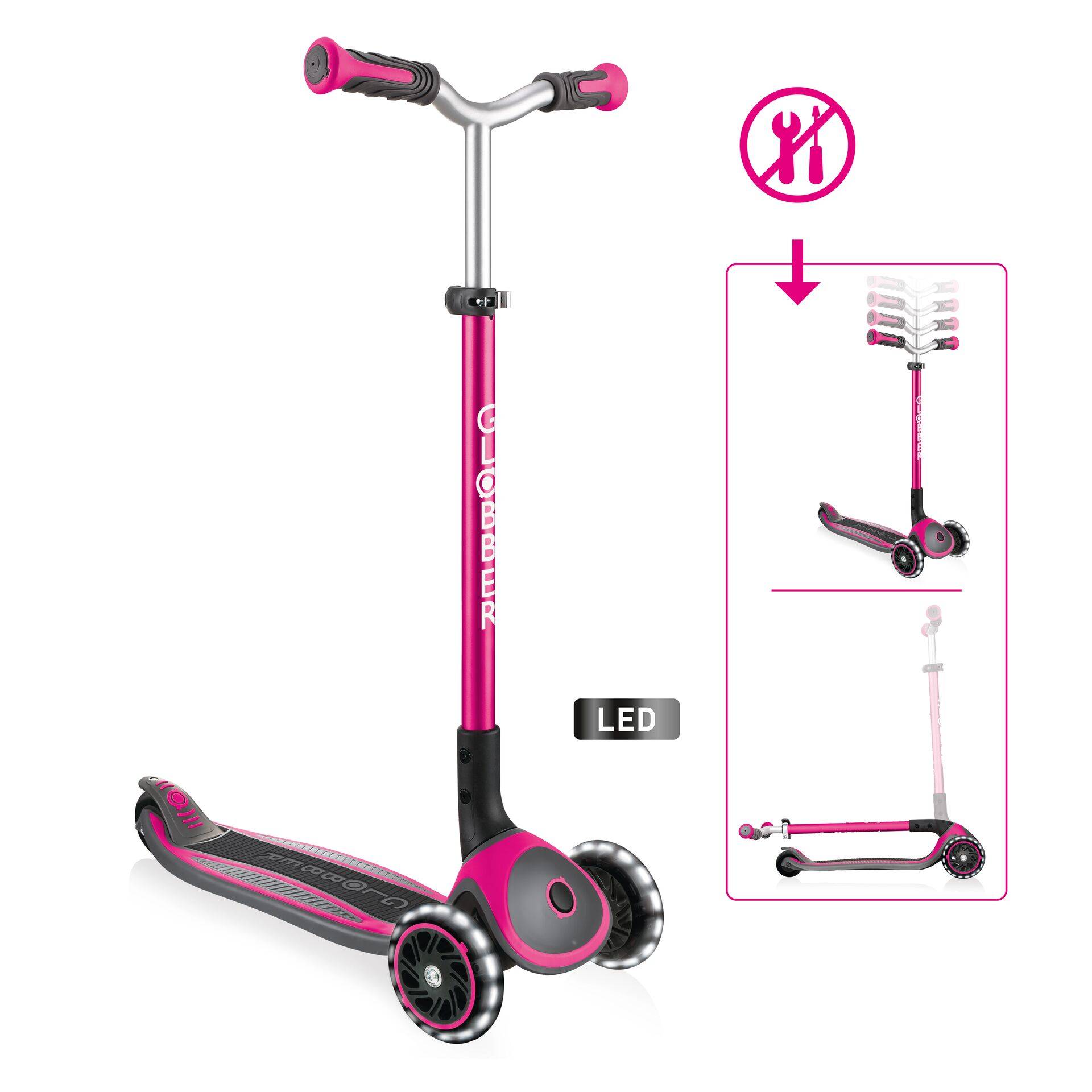 GLOBBER MASTER LIGHTS – Tretroller Kinder, 125/80 mm, ABEC 5, 3-rädrig, höhenverstellbar, LED-Leuchtrollen, pink