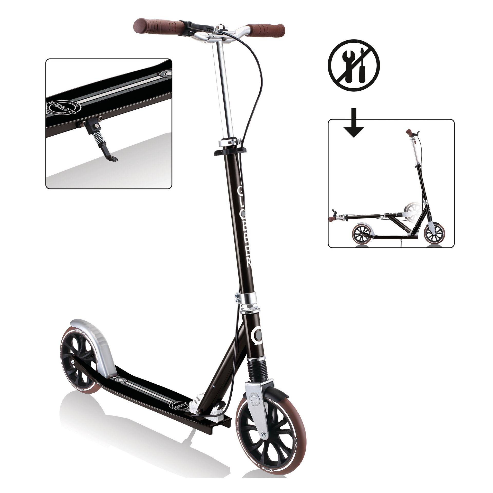 GLOBBER NL 205 Deluxe – Tretroller, 205 mm, ABEC 7, Handbremse, höhenverstellbar, Frontfederung, Klappmechanismus, schwa