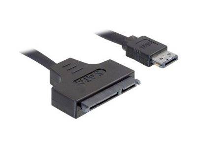 Ein schwarzes SATA-zu-USB-Kabel mit Steckverbindern, das zum Verbinden eines SATA-Laufwerks mit einem Computer über USB für Datenübertragung oder Geräteverbindung verwendet wird.