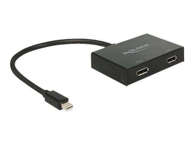 Ein schwarzer Delock-Adapter mit einem Mini-DisplayPort-Anschluss auf der einen Seite und einem HDMI-Anschluss auf der anderen Seite, der zum Anschließen von Displays verwendet wird.