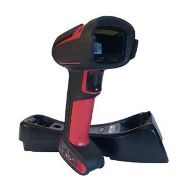 Ein tragbarer Barcodescanner mit schwarzem und rotem Design liegt auf seiner Ladestation und ist bereit für Scannaufgaben einsatzbereit.