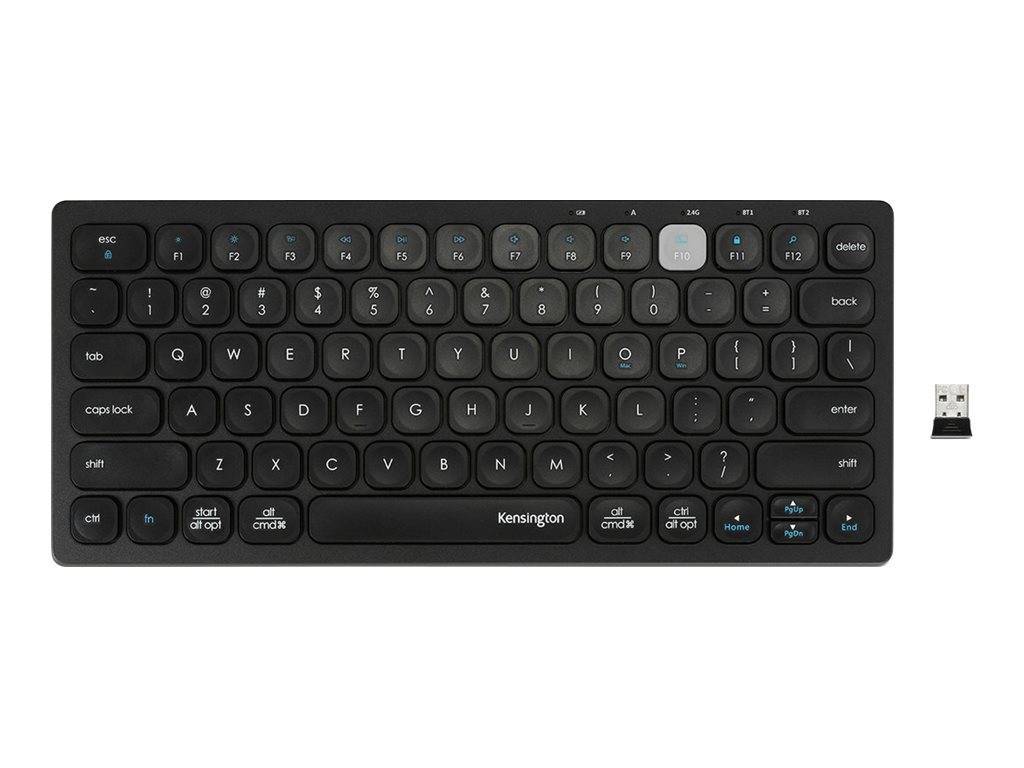 Schwarze Kensington-Tastatur, schlankes Design mit weißer F10-Taste und blauen Funktionssymbolen.