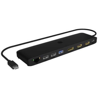 Eine schwarze Dockingstation mit verschiedenen Anschlüssen wie USB, HDMI, Ethernet und einem angeschlossenen Kabel zum Erweitern der Geräteverbindungen.