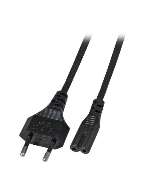 Ein schwarzes Stromkabel mit einem zweipoligen europäischen Stecker und einer Achterform-Buchse.