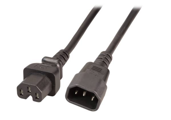 Warmgeräteverlängerung C14 180° - C15 -- schwarz, 2 m, 3 x 1,00 mm² H05RN-F (Gummi) Stromkabel
