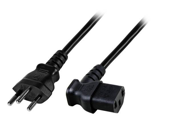 Ein schwarzer Stromstecker und seine entsprechende gewinkelte Steckdose auf einem Kabel, vor einem schlichten weißen Hintergrund positioniert.