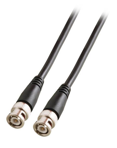 Ein schwarzes Koaxialkabel mit zwei BNC-Steckern an jedem Ende zum Verbinden elektronischer Geräte.