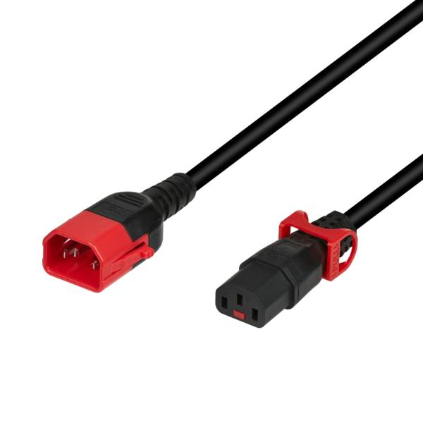 Ein rot-schwarzes Stromkabel mit Stecker und Buchse, entwickelt für sichere und zuverlässige elektrische Verbindungen.