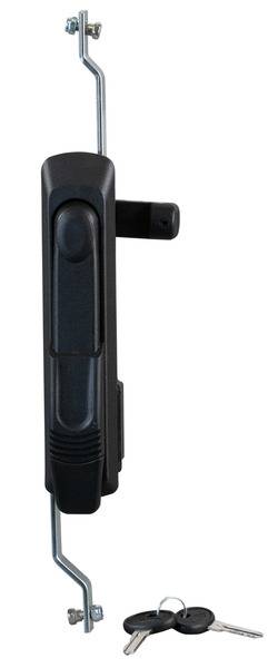 Ein schwarzer ergonomischer Türgriff mit modernem vertikalem Design und strukturierter Griffoberfläche.