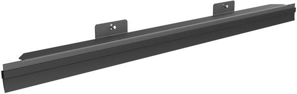 Schwarze Wandhalterung mit einer oberen Schraubenlöcher und verlängerter Basis, entworfen zur horizontalen Unterstützung langer Gegenstände.