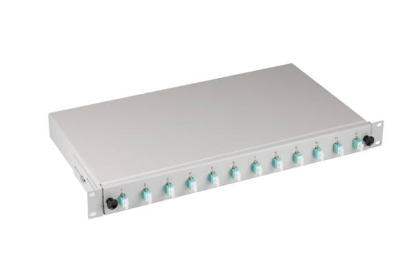 Bestückte Spleißbox ausziehbar LC OM3 -- 24xPigtails abgesetzt / 12xDuplex-Kupplung Glasfaser 19