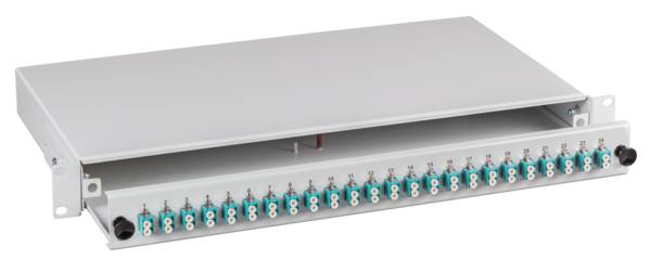 Bestückte Spleißbox ausziehbar LC OM3 -- 48xPigtails abgesetzt / 24xDuplex-Kupplung Glasfaser 19