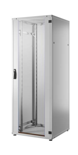 Ein hohes, geschlossenes, metallisches Serverschrank-Gehäuse mit einem Griff auf der linken Seite, geeignet zur Organisation und zum Schutz von IT-Ausrüstung.