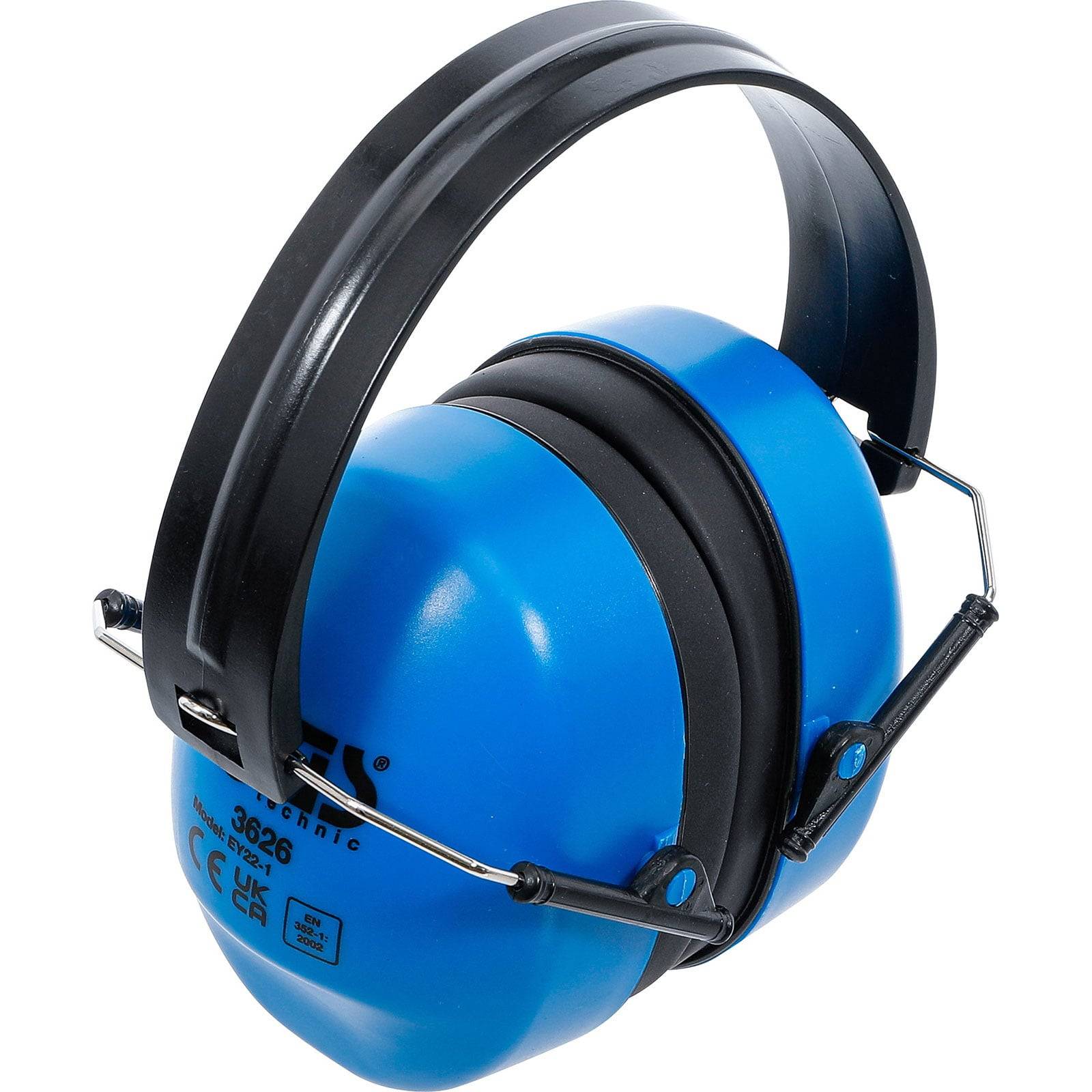 Blaue Over-Ear-Gehörschutz-Kapselgehörschützer mit verstellbarem Kopfbügel, gekennzeichnet mit Sicherheitszertifizierungen.