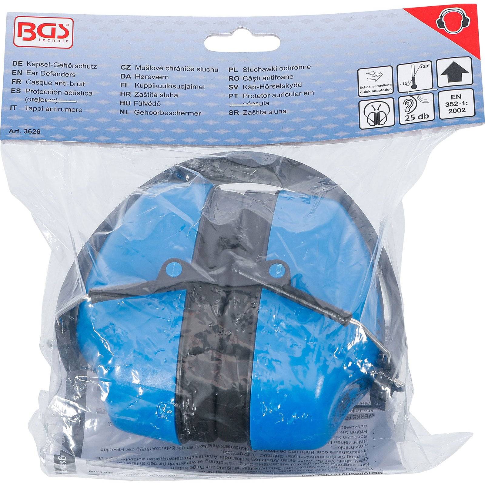 DE: Gehörschutz, SNR 25 dB' - Blau-schwarze Gehörschützer in transparenter Verpackung mit Produktinformationen und Symbolen, die auf der Verpackung gedruckt sind.