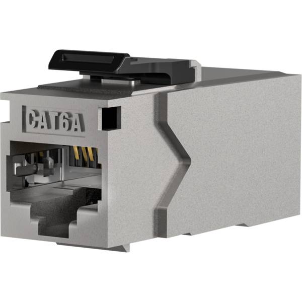 Geschirmte CAT6A-Ethernet-Buchse, schrägansicht, zeigt Steckerstifte und Abschirmung, entworfen für hochgeschwindigkeits-Netzwerkverbindungen.