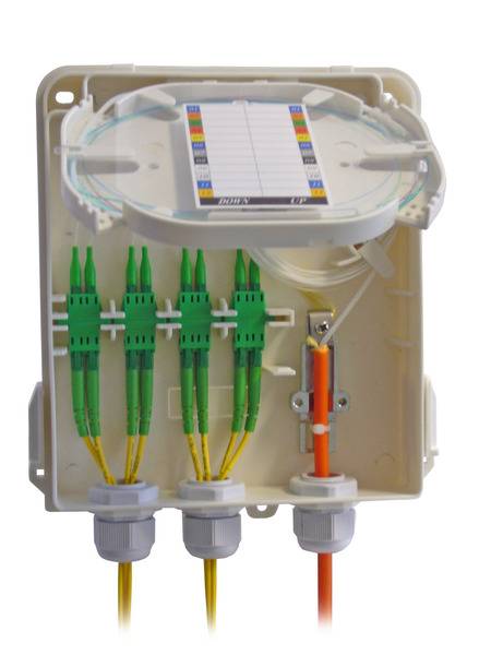 Eine offene Lichtwellenleiter-Verteilbox mit grünen Steckern, gelben Kabeln und einer Fasermanagement-Ablage mit einem beschrifteten Schaltplan.