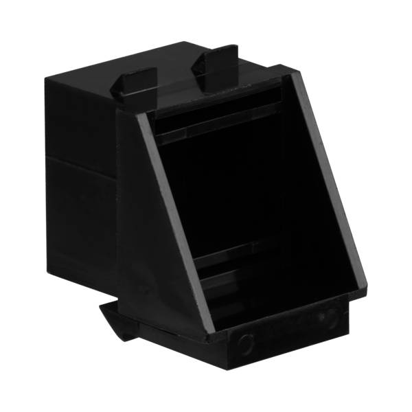 Eine schwarze, rechteckige, offene Kiste auf schwarzem Hintergrund, möglicherweise als Lichtschutz oder Abdeckung für elektronische Geräte verwendet.