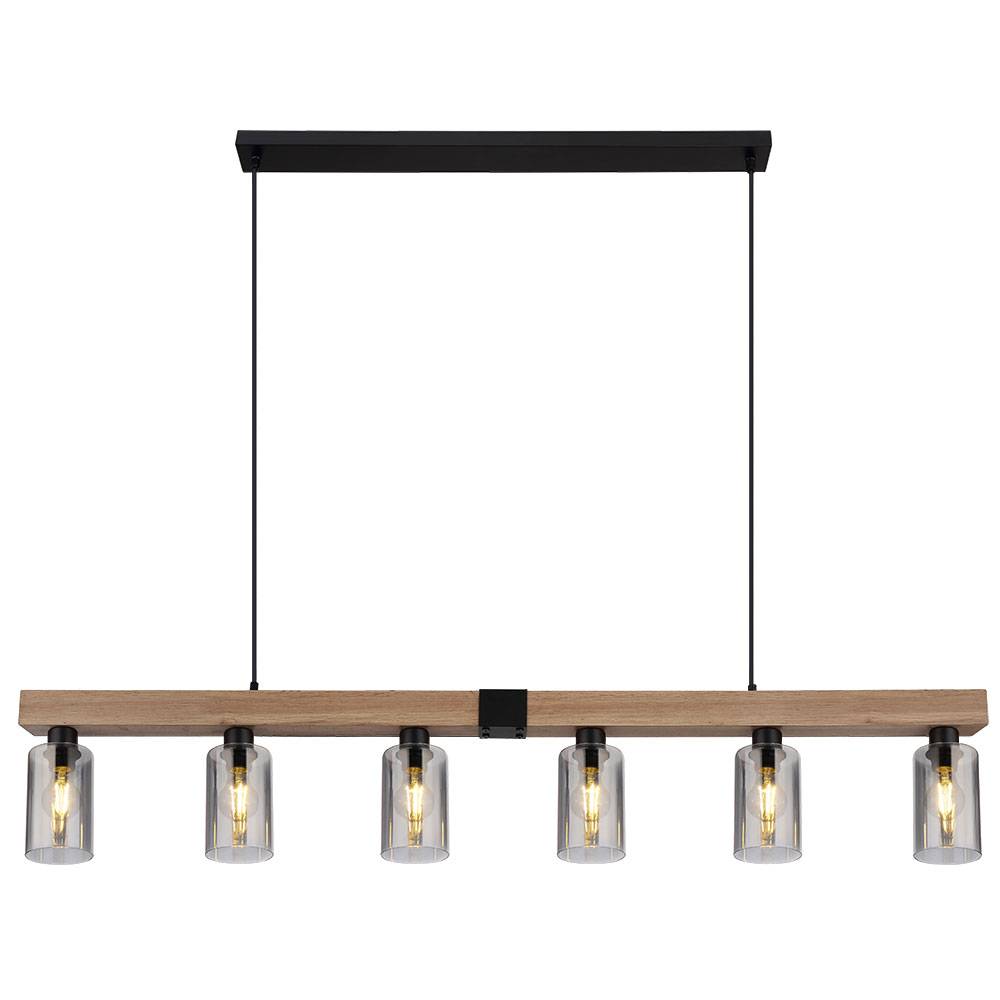 Pendelleuchte Holzoptik Esstischlampe 6 flammig Hängelampe Wohnzimmer, Rauchglas Metall schwarz, 6x E27, LxH 140x120 cm