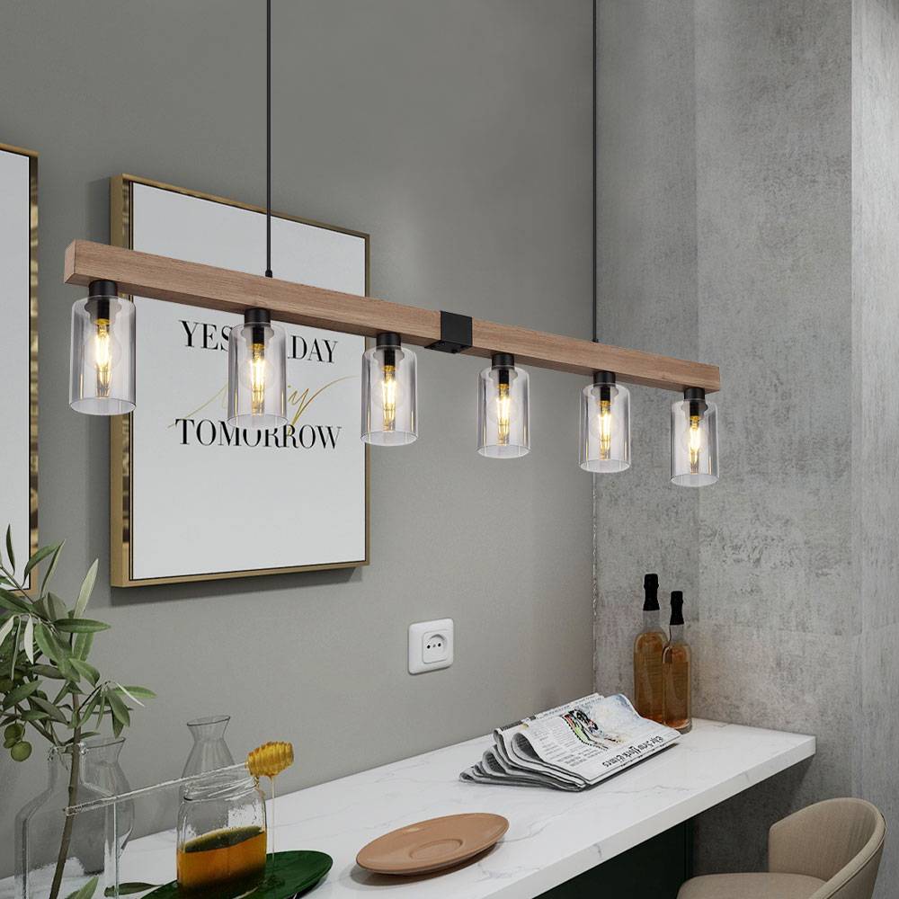 Pendelleuchte Holzoptik Esstischlampe 6 flammig Hängelampe Wohnzimmer, Rauchglas Metall schwarz, 6x E27, LxH 140x120 cm