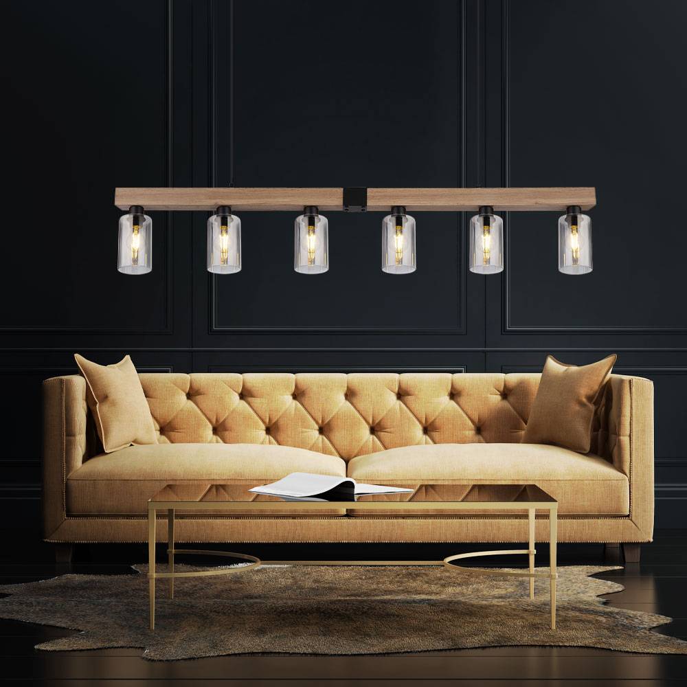Pendelleuchte Holzoptik Esstischlampe 6 flammig Hängelampe Wohnzimmer, Rauchglas Metall schwarz, 6x E27, LxH 140x120 cm