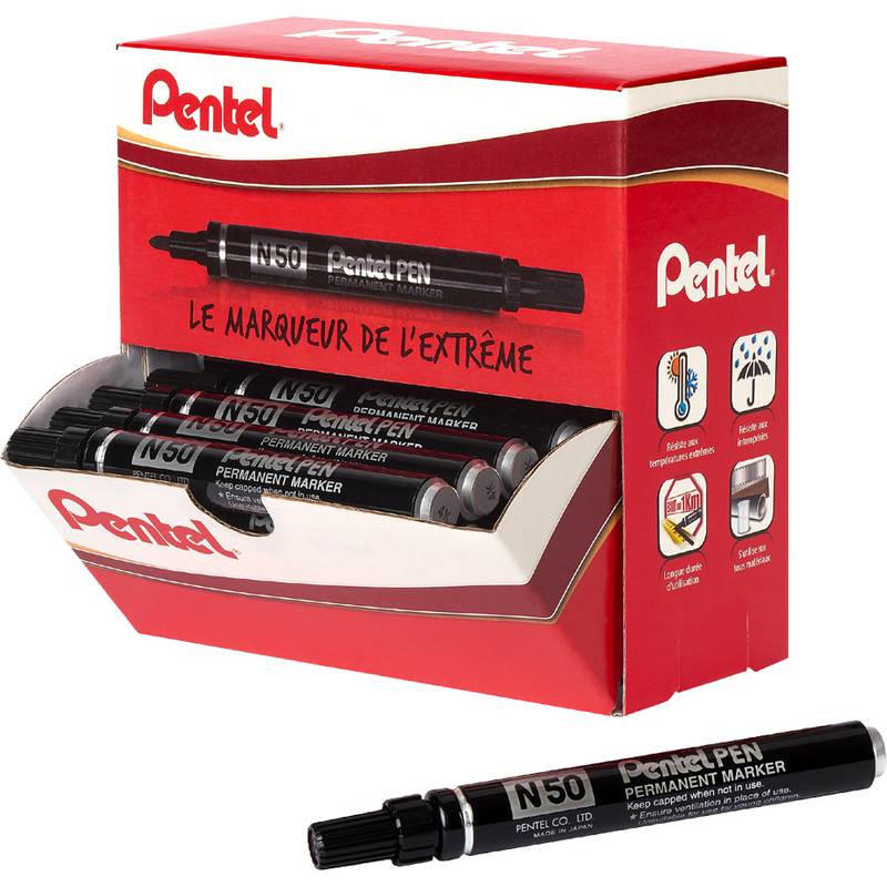 Pentel N50 Permanent-Marker-Displaybox mit mehreren schwarzen Markern und einem Marker, der außerhalb der Verpackung gezeigt wird.
