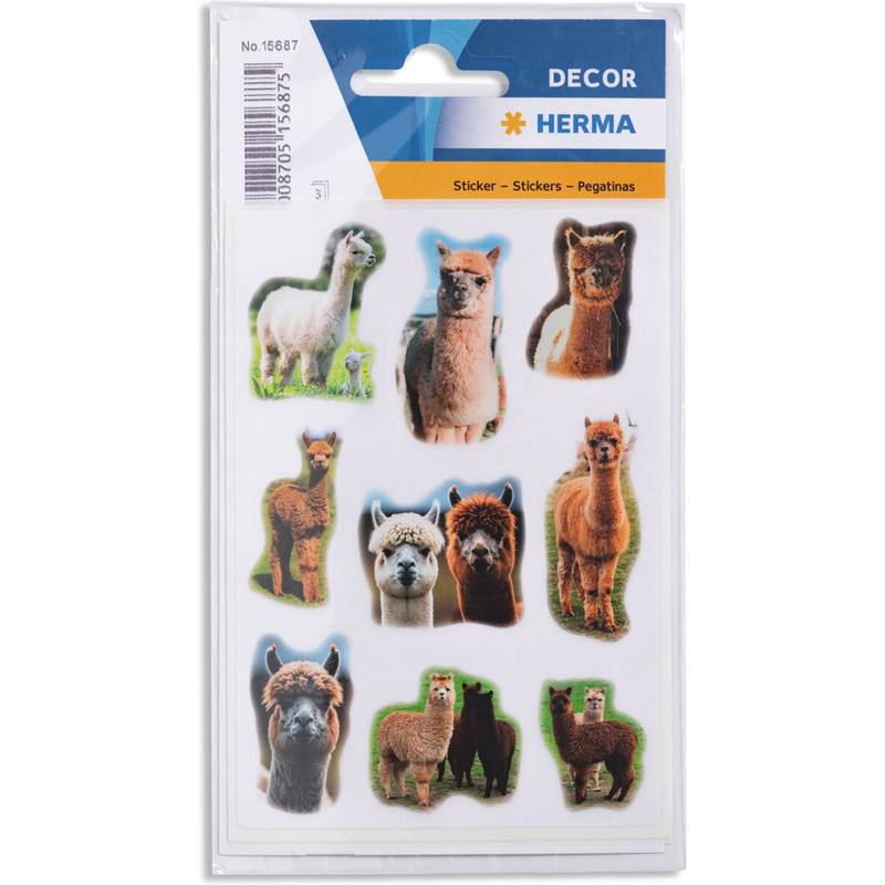 Ein Aufkleberbogen mit verschiedenen Alpakas in unterschiedlichen Posen und Farben vor weißem Hintergrund. Die Etikette trägt die Aufschrift 