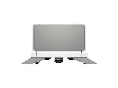 Ein grauer, rechteckiger elektronischer Apparat mit einem flachen Bildschirm und ausgestreckten Füßen, möglicherweise ein Scanner oder Drucker, von vorne betrachtet.