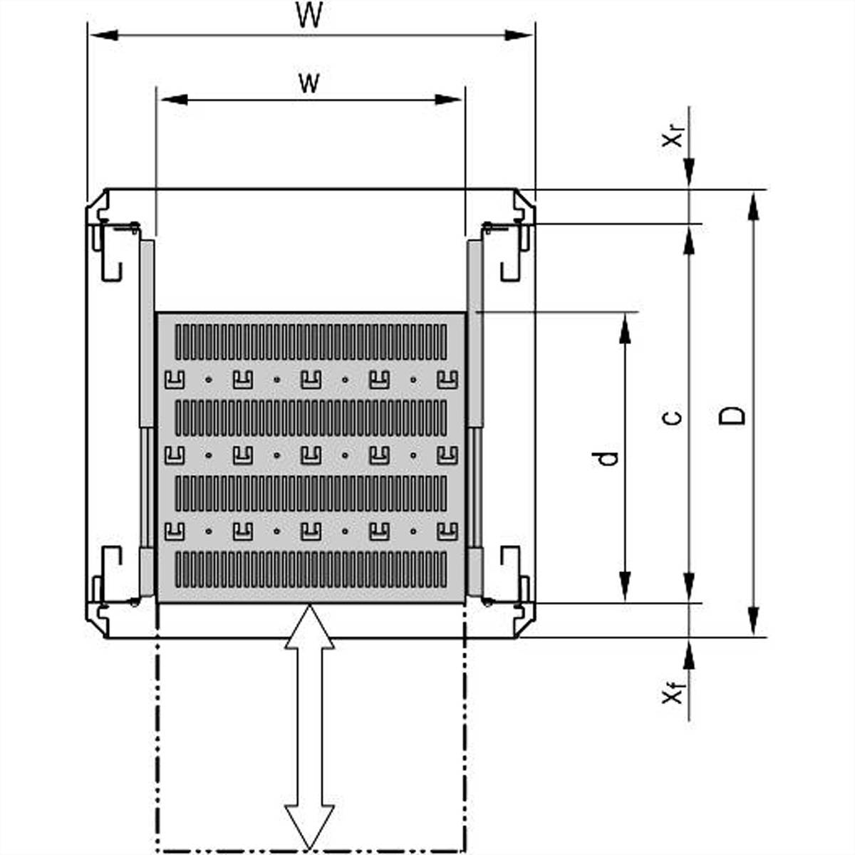 SCHROFF 19''- / Gestell- Fachboden ausziehbar, verkürzt um 100 mm - 19"FA AUS 2HE C=700 RED 7021