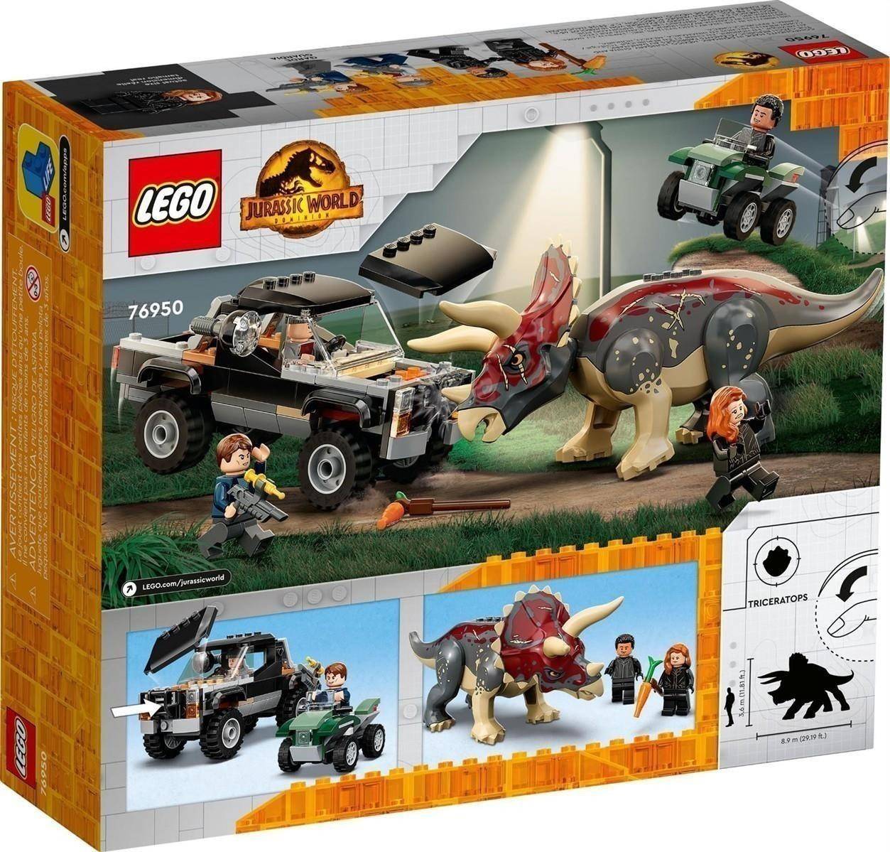LEGO Jurassic World Spielzeugset-Karton mit schwarzem SUV, grünem ATV, Triceratops und Minifiguren in einer Verfolgungsszene