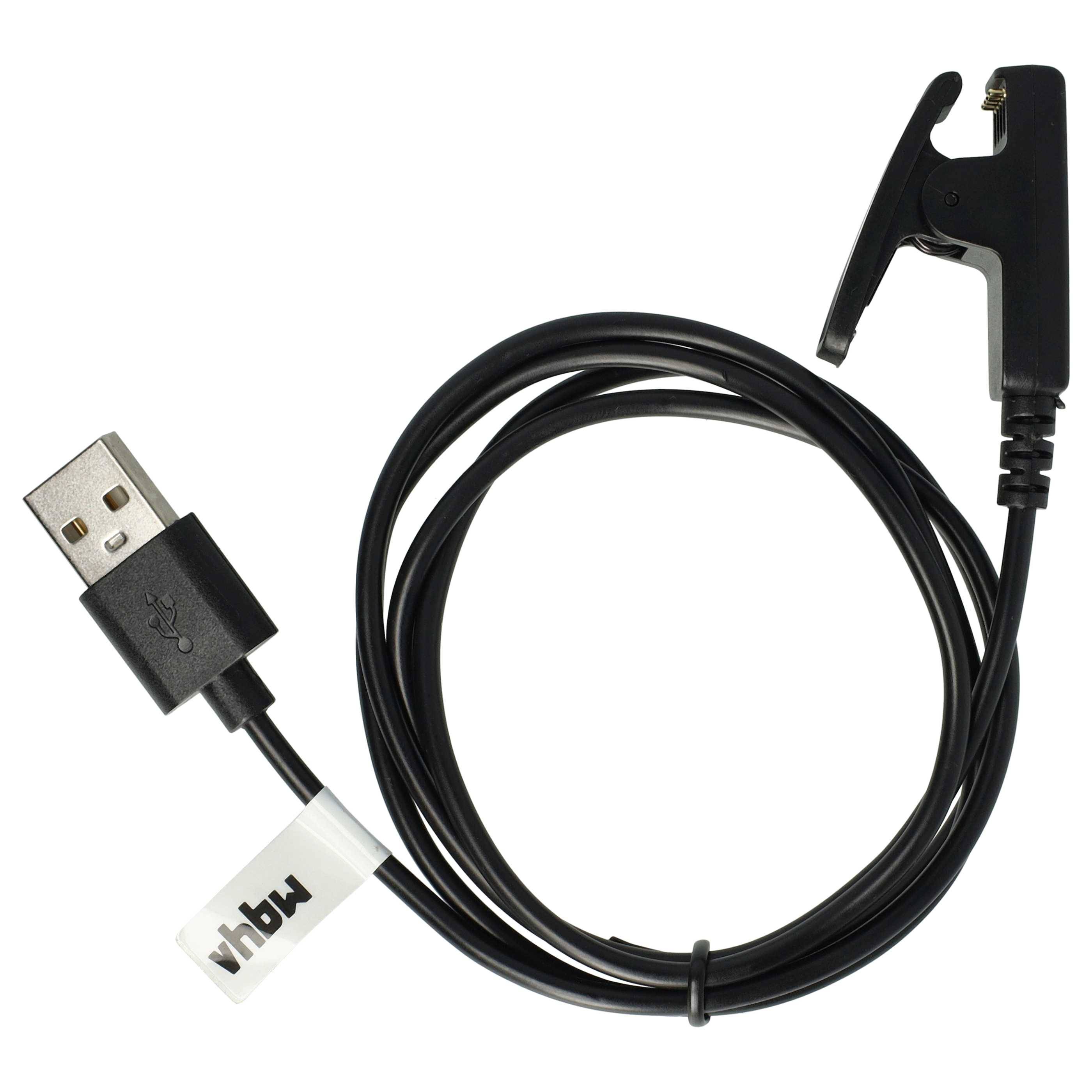Schwarzes USB-Ladekabel mit Clip-Steckanschluss, aufgewickelt auf weißem Hintergrund.