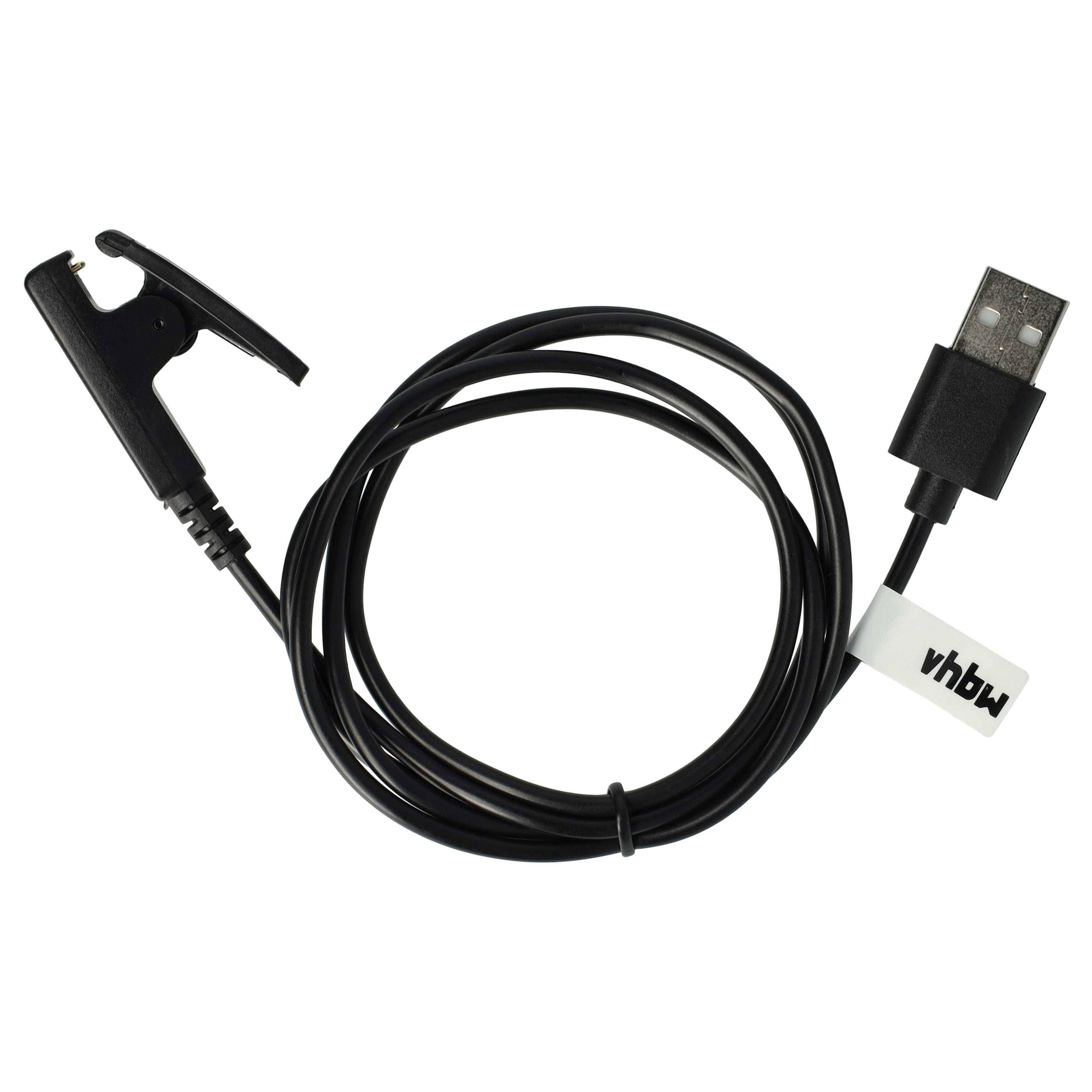 Schwarzes USB-Ladekabel mit einem Clip-Stil-Anschluss an einem Ende und einem USB-A-Stecker am anderen Ende, mit einem kleinen 