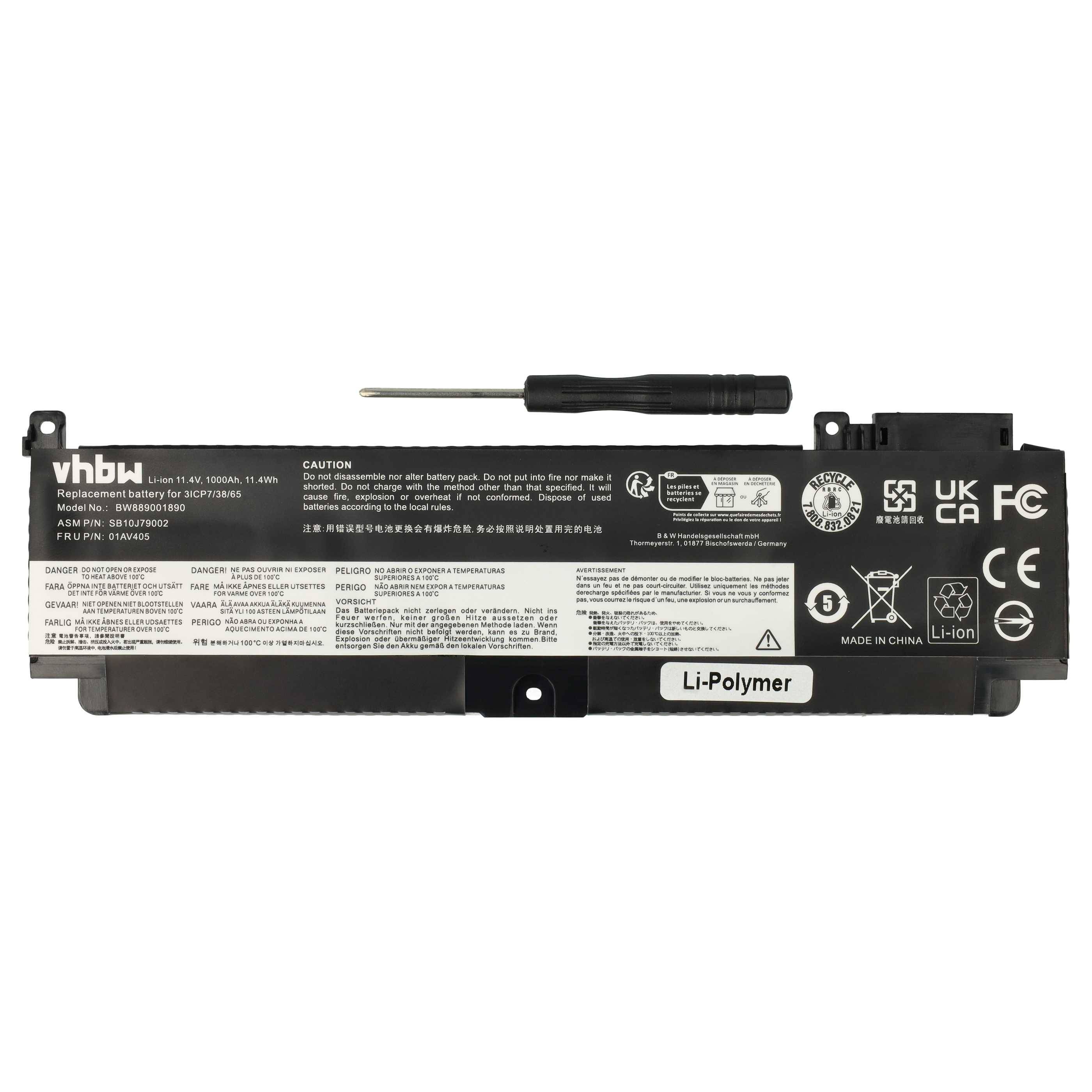 vhbw Akku kompatibel mit Lenovo ThinkPad T460s 20F9-003MAU, T460s 20F9002YCD Notebook (1000 mAh, 11,4 V, Li-Polymer)