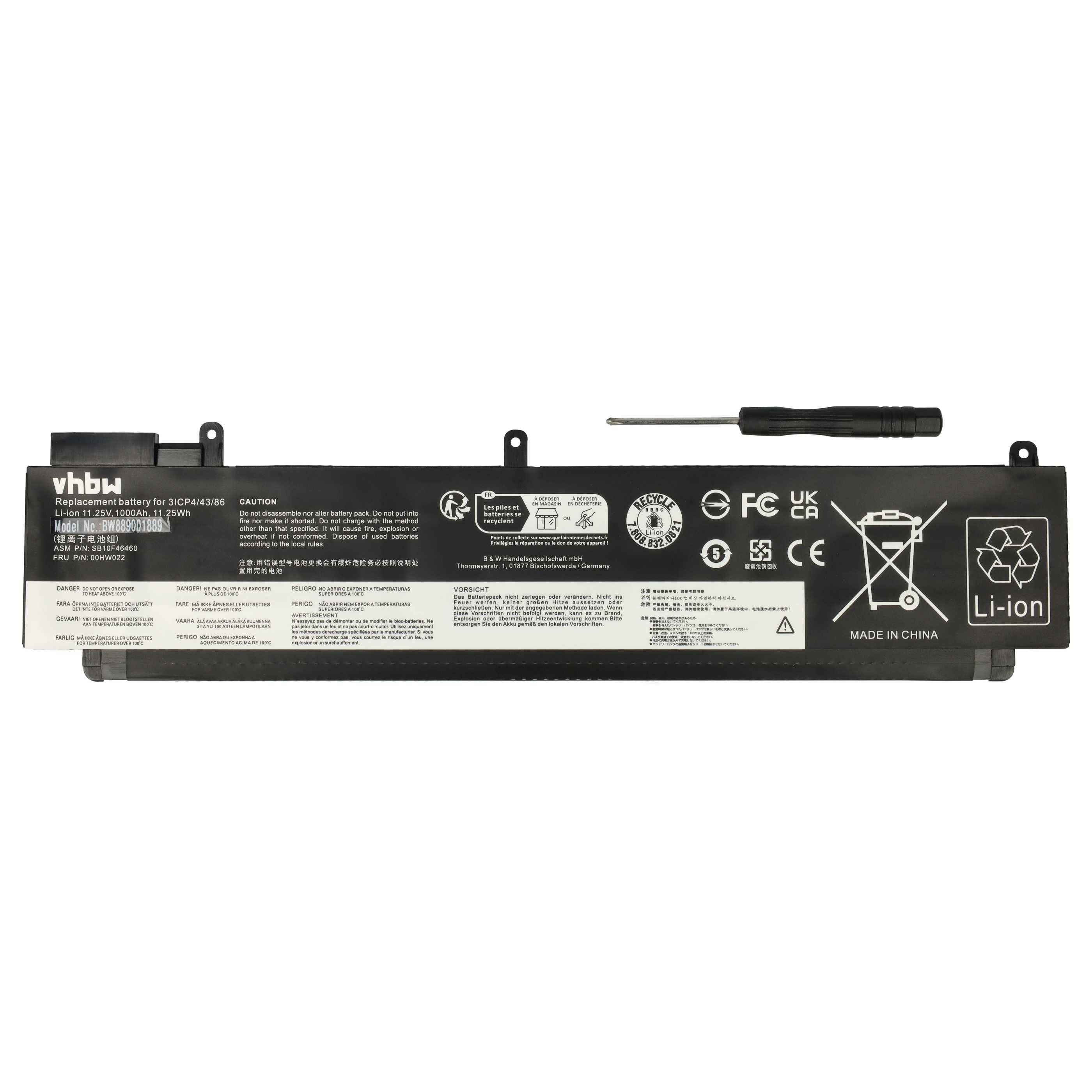 vhbw Akku kompatibel mit Lenovo ThinkPad 20F9A02RCD, 20F9A02MCD, 20F9A02NCD, 20F9A02PCD Notebook (1000 mAh, 11,25 V, Li-Polymer)