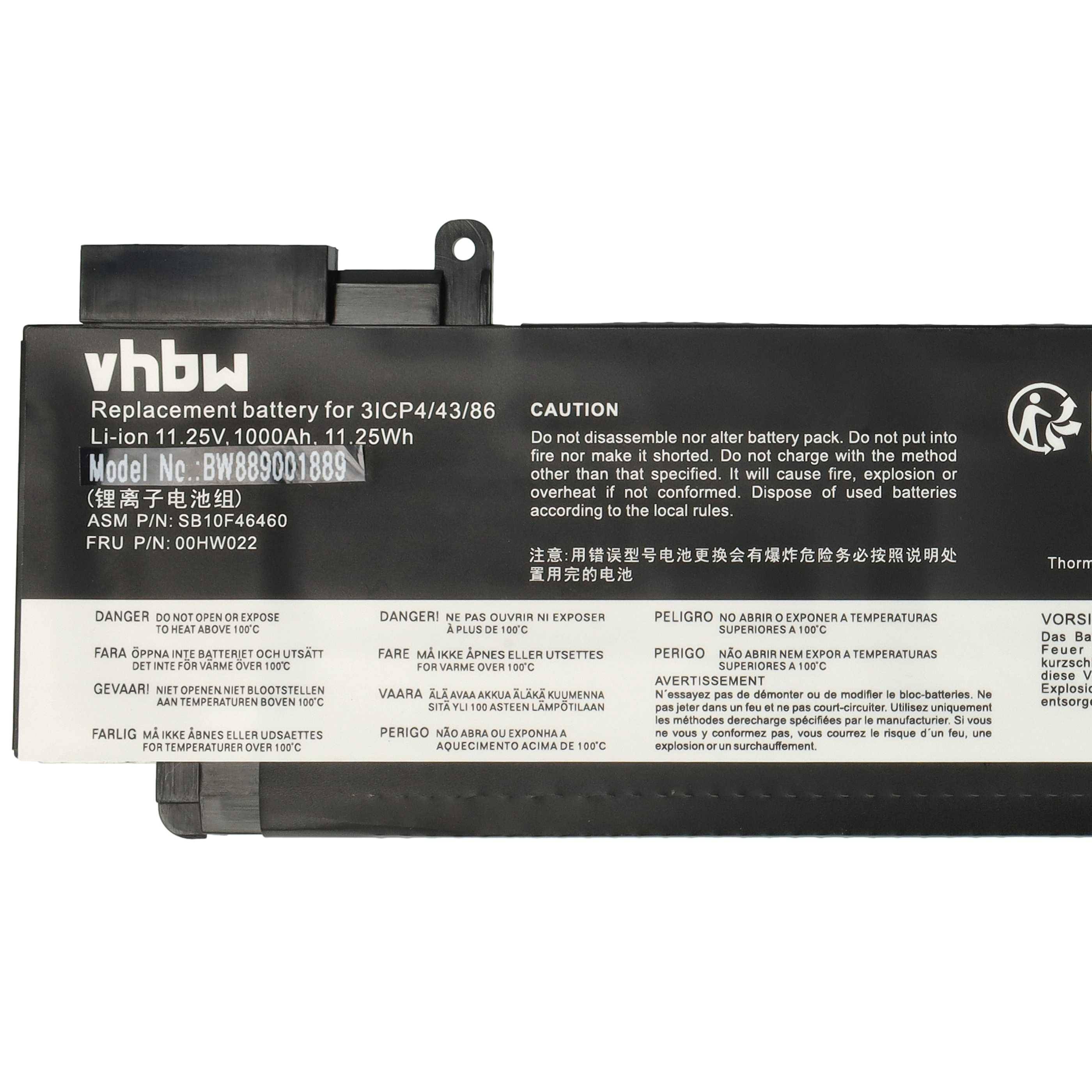 vhbw Akku kompatibel mit Lenovo ThinkPad 20F9A03UCD, 20FA-001AAU, 20FA-001BAU, 20FA-001EAU Notebook (1000 mAh, 11,25 V, Li-Polymer)