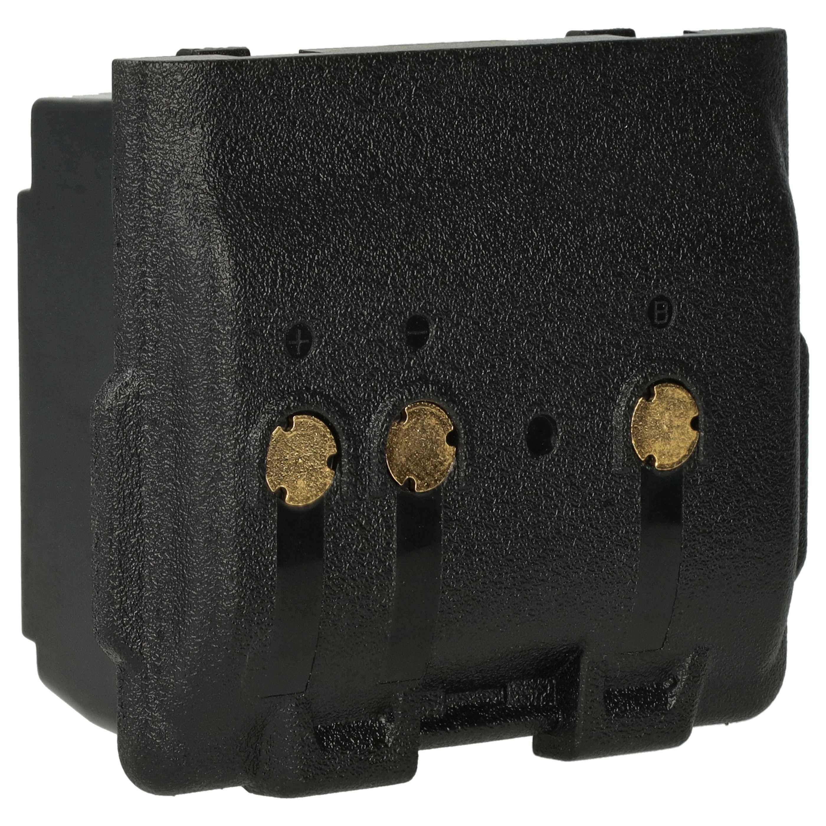 Ein schwarzes Batteriegehäuse mit drei freigelegten Metallkontakten, die mit Symbolen für positiv, negativ und leer gekennzeichnet sind und für elektronische Geräte verwendet werden.