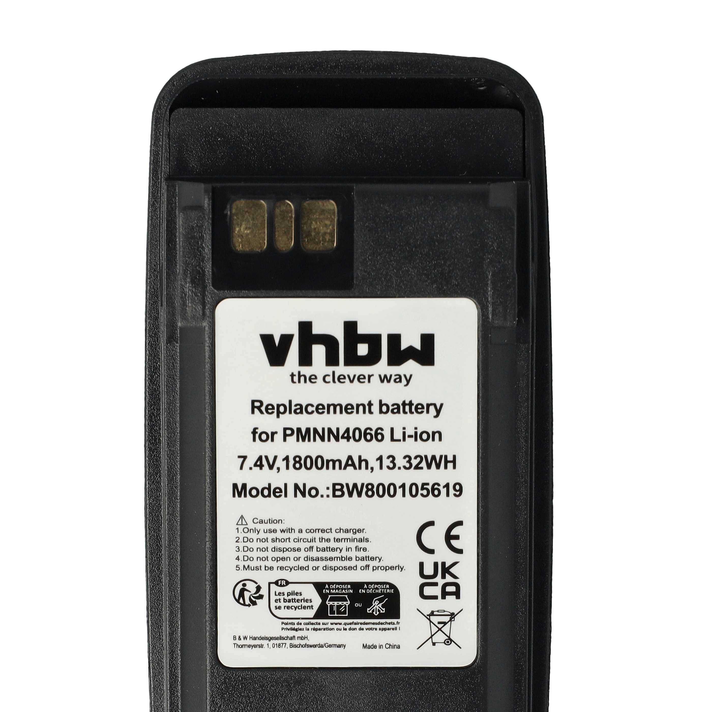 vhbw Akku Ersatz für Motorola PMNN4103A, PMNN4466A, PMNN4102A für Funkgerät, Walkie Talkie (1800 mAh, 7,4 V, Li-Ion) + Gürtelclip