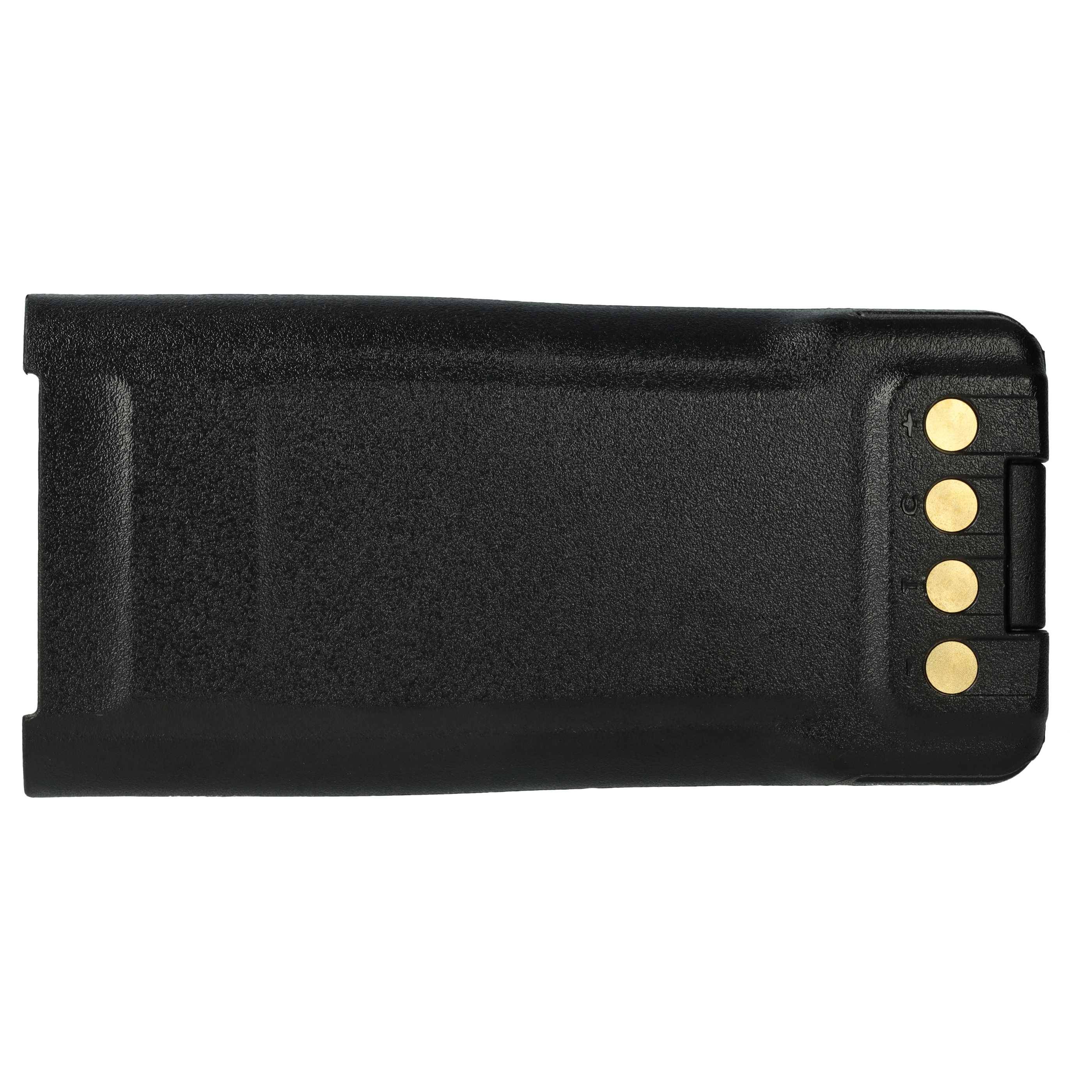 Ein schwarzes aufladbares Batteriepack mit vier goldenen Kontaktpunkten an einem Ende, das für elektronische Geräte verwendet wird.