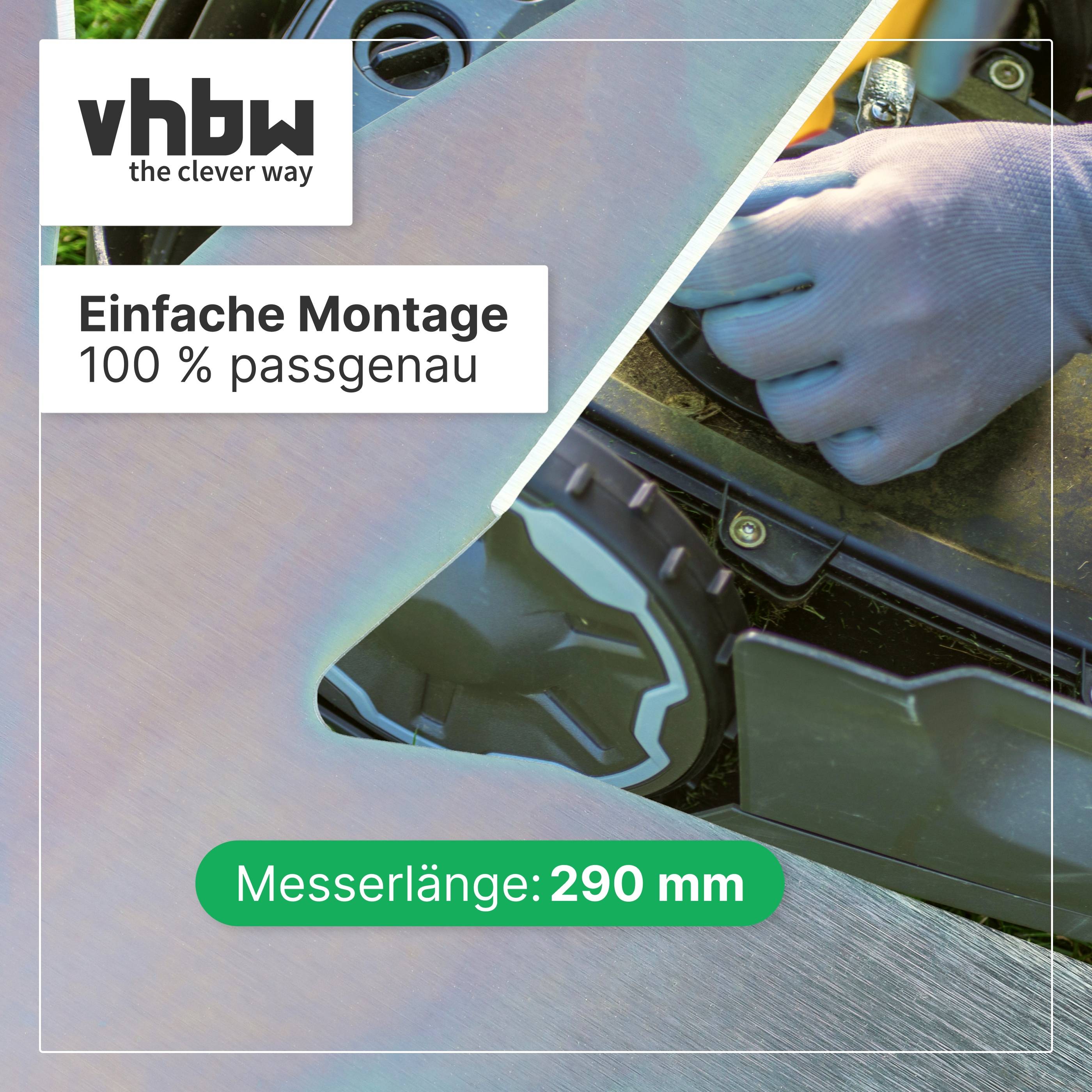 vhbW-Produktanzeige zeigt eine behandschuhte Hand beim Einbau einer Maschinenmesserklinge; Text sagt 'Einfache Montage', '100 % passgenau', und 'Messerlänge: 290 mm'.