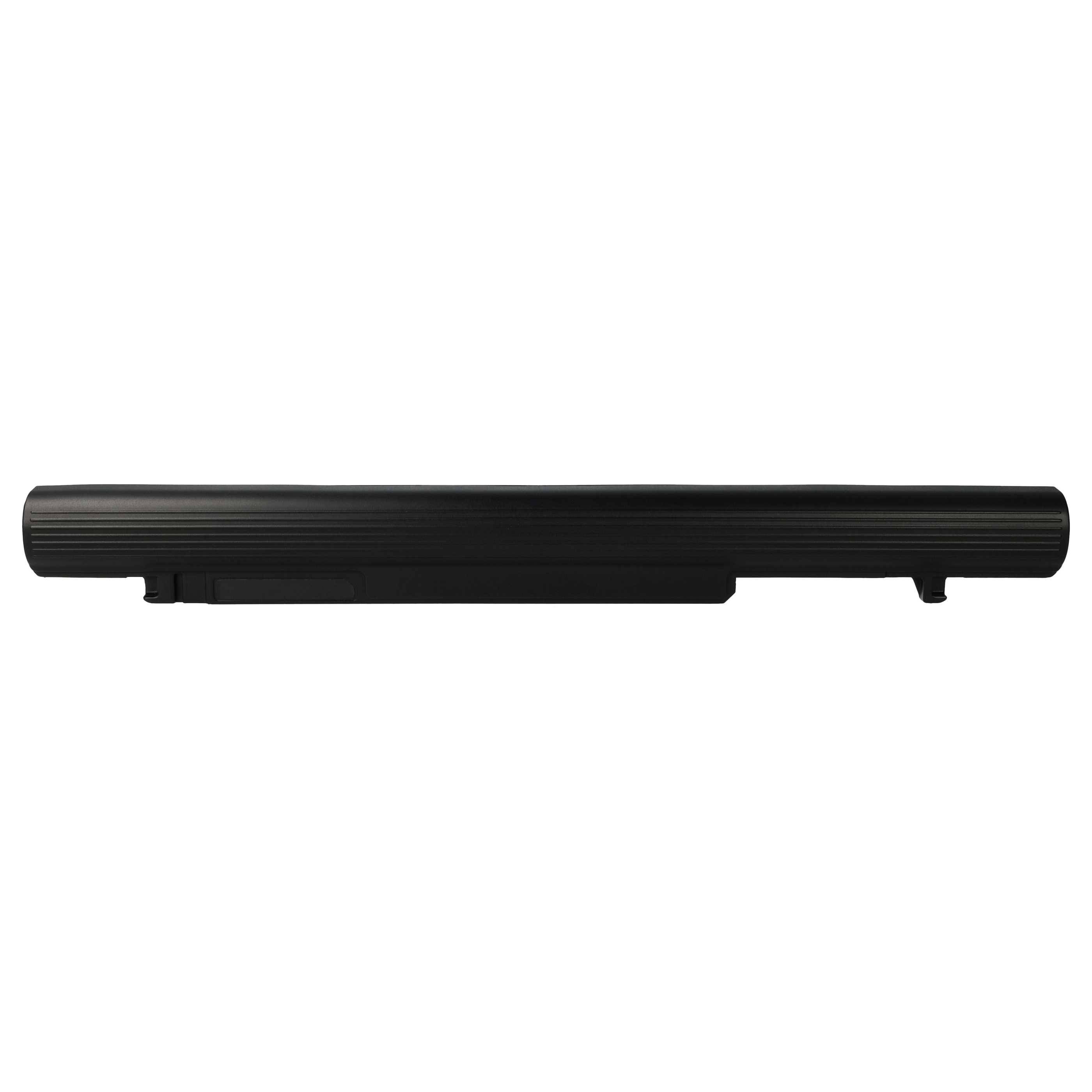 Eine schwarze zylindrische Laptop-Batterie von der Seite betrachtet, die ihre Länge und abgerundete Form zeigt, ohne sichtbare Markierungen oder Anschlüsse.