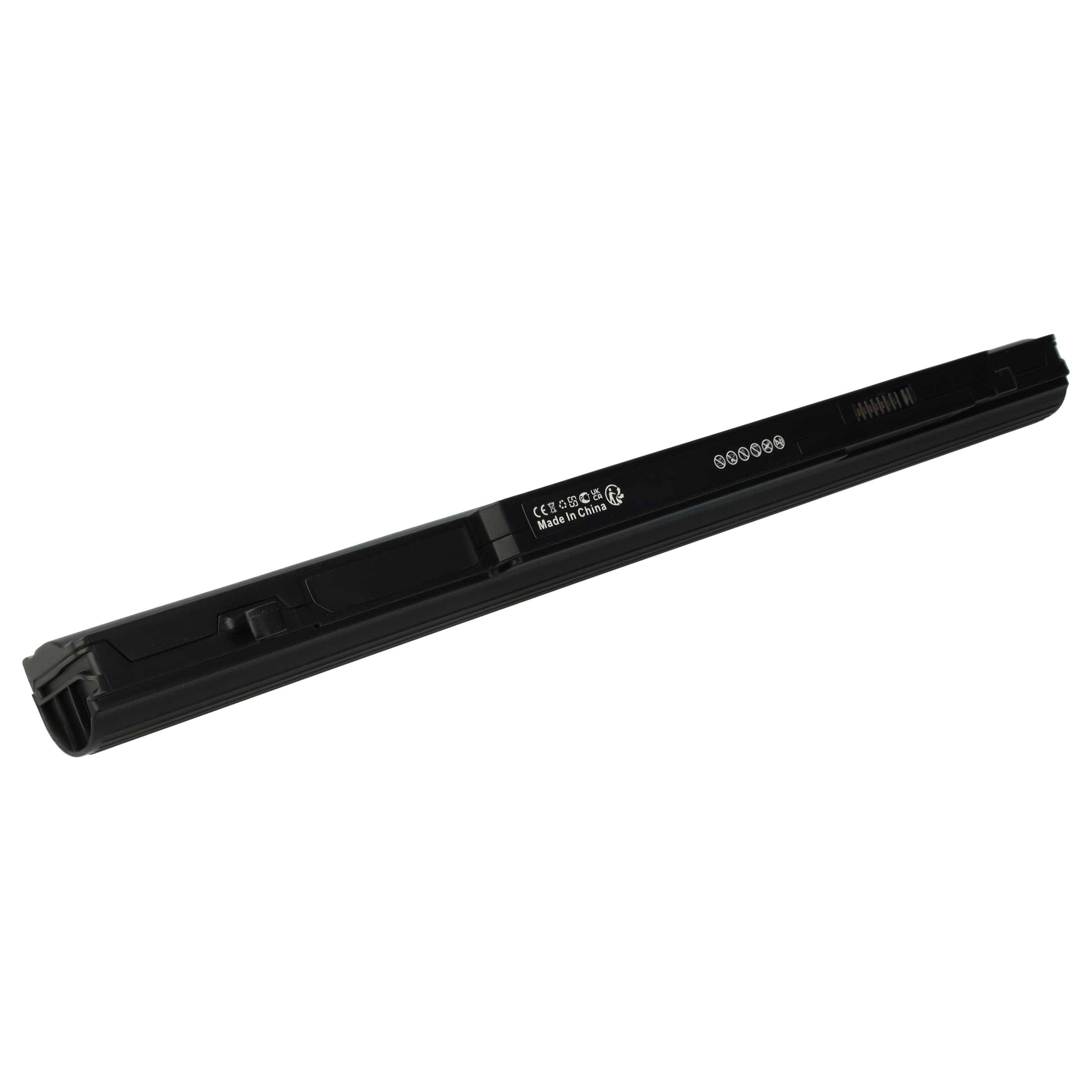Eine schwarze Laptop-Batterie mit sichtbaren Anschlüssen und auf der Seite aufgedruckten Spezifikationen, einschließlich Recycling- und Sicherheitssymbole.