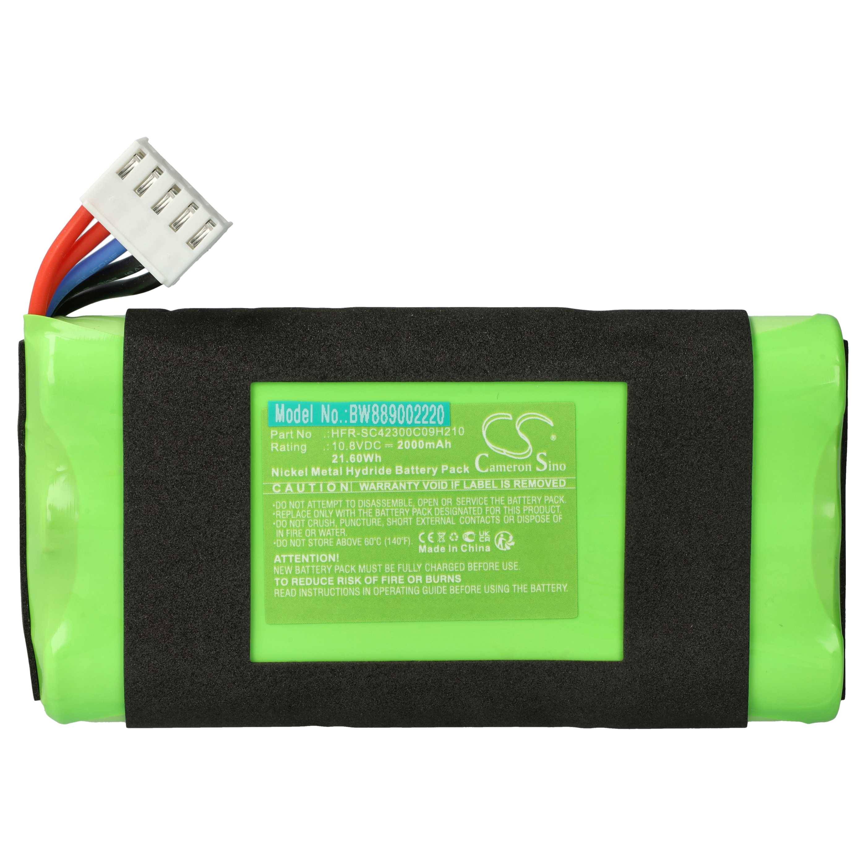 Ein grünes Nickel-Metall-Hydrid-Batteriepack, Teilenummer: BW88902220, mit Warnmeldungen und Modellinformationen gekennzeichnet, mit mehrfach adrigem Stecker.